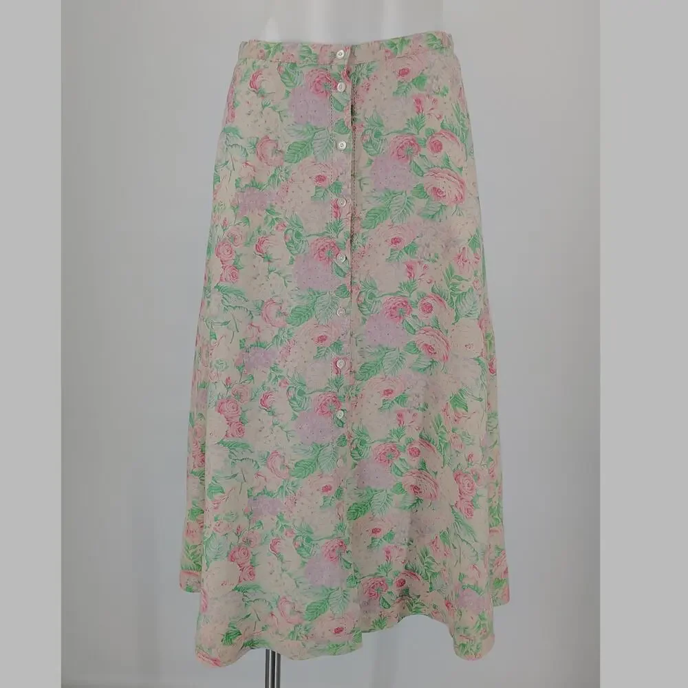 Vintage Lauren Ralph Lauren 100% Linen Floral Button-Front Skirt FLAW Size 8